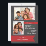 Merry Christmas Chalkboard Photo Christmas card<br><div class="desc">This customizable two photo frames Christmas card features a gray chalkboard background with the wording: Merry Christmas and Happy New Year written in white chalk. A red banner at the bottom of the card features customizable type for you to add your family names. The backside of this card has a...</div>