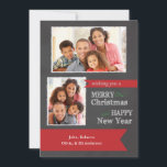 Merry Christmas Chalkboard Photo Christmas card<br><div class="desc">This customizable two photo frames Christmas card features a gray chalkboard background with the wording: Merry Christmas and Happy New Year written in white chalk. A red banner at the bottom of the card features customizable type for you to add your family names. The backside of this card has a...</div>