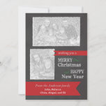 Merry Christmas Chalkboard Photo Christmas card<br><div class="desc">This customizable two photo frames Christmas card features a gray chalkboard background with the wording: Merry Christmas and Happy New Year written in white chalk. A red banner at the bottom of the card features customizable type for you to add your family names. The backside of this card has a...</div>