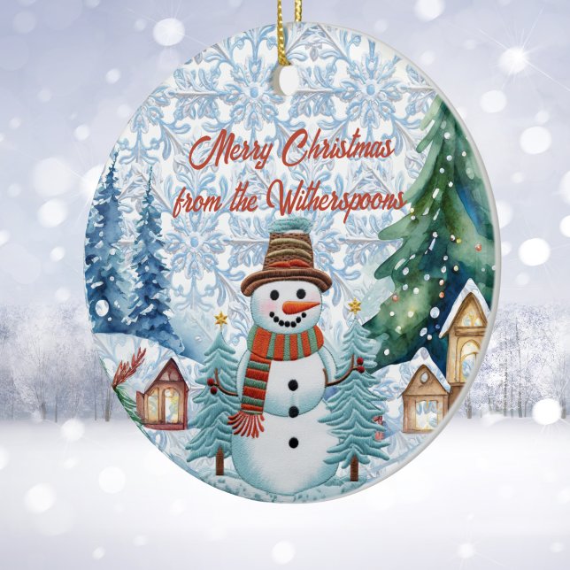 Merry Christmas Charming Snowman Village Monogram Ceramic Tree Decoration (Creator Uploaded)