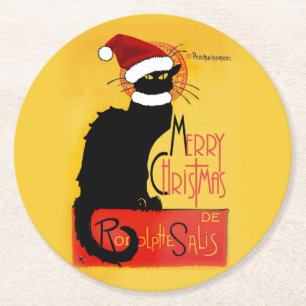 Merry Christmas -  Chat Noir Round Paper Coaster