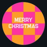 Merry Christmas Check Hot Pink Orange Classic Round Sticker<br><div class="desc">This is a stylish Merry Christmas design in trending orange and hot pink and check pattern. It has the message, "Merry Christmas!" in stylish retro typography. Ideal for your Christmas gift wrap, mailing accessories. envelope seals, and party favour seals this festive season. To personalise, simply add your name in the...</div>