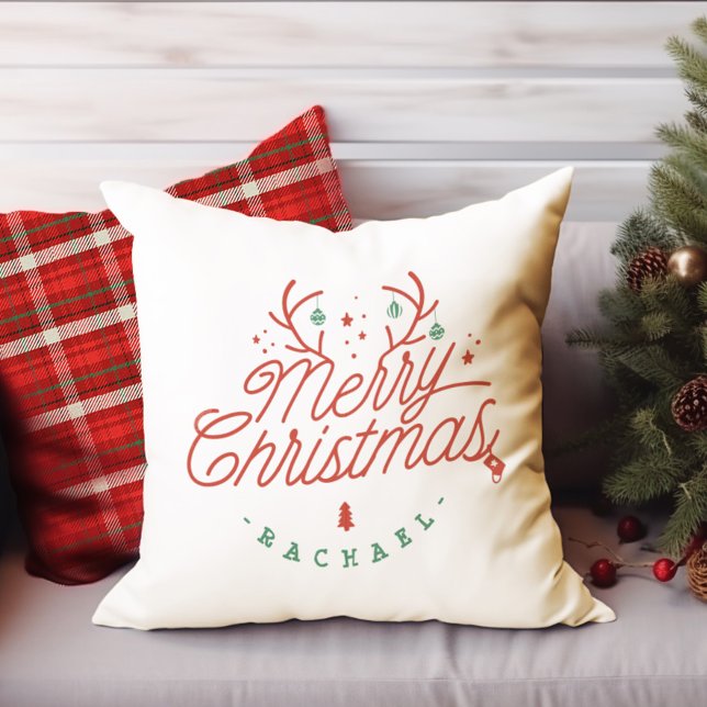 Merry Christmas Check Plaid Personalised Reindeer Cushion (Merry Christmas Check Plaid Personalized Reindeer Throw Pillow)