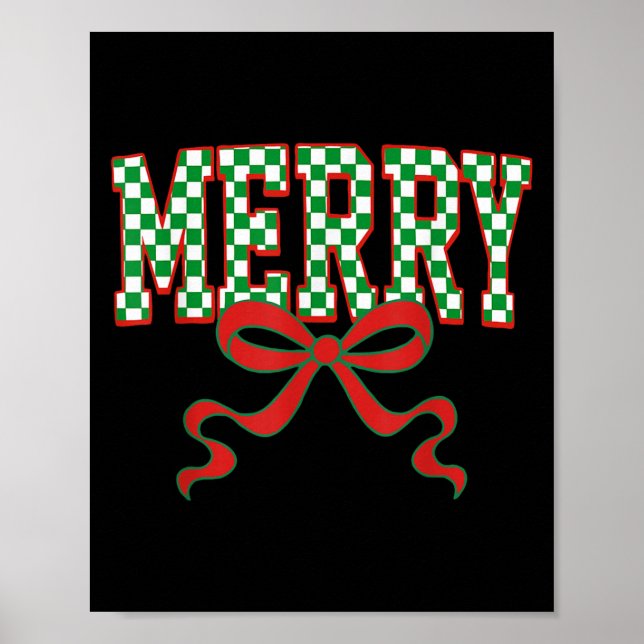 Merry Christmas Checkered Preppy Coquette Bow Xmas Poster (Front)