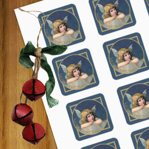 Merry Christmas Cherub Angel Vintage Blue Gold Square Sticker