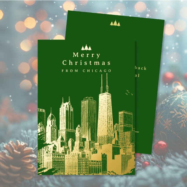 Merry Christmas Chicago Green Foil Holiday Card (Merry Christmas Chicago Green Foil Holiday Card (front and back))
