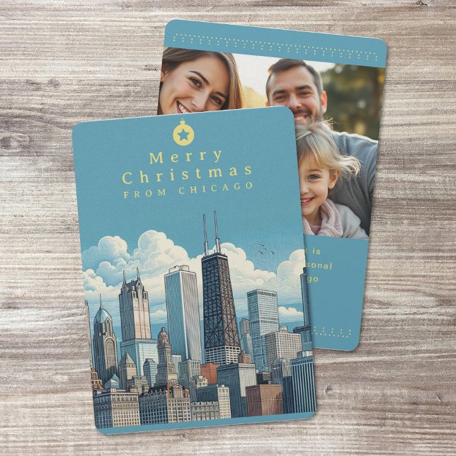 Merry Christmas Chicago Photo Flat Holiday Card (Merry Christmas Chicago Photo Flat Holiday Card (front and back))
