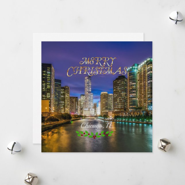 Merry Christmas, Chicago River at Sunset Holiday Card (Front/Back In Situ)