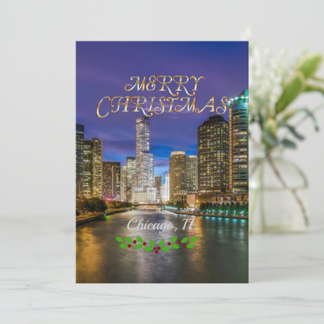 Merry Christmas, Chicago River at Sunset Holiday Card (Standing Front)