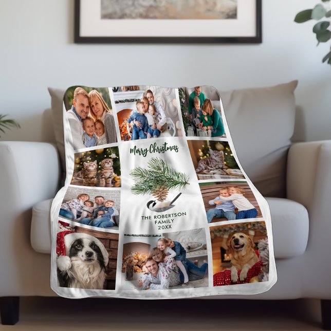 Merry Christmas Chickadees Family Photo Collage Fleece Blanket (Creator Uploaded)