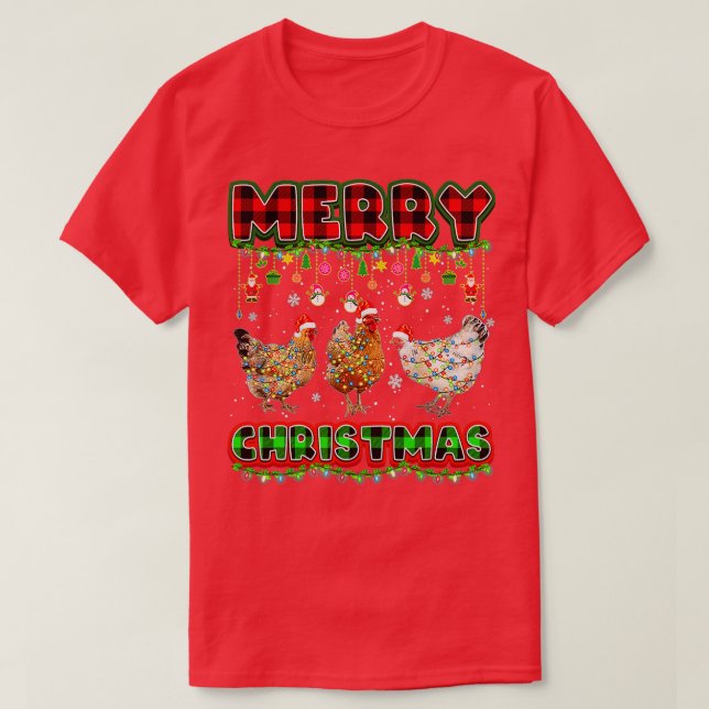 Merry Christmas Chicken Lights Buffalo Plaid Red G T-Shirt (Design Front)