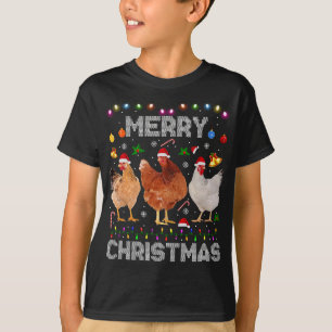 Merry Christmas Chicken Santa Hat Lights Xmas Farm T-Shirt