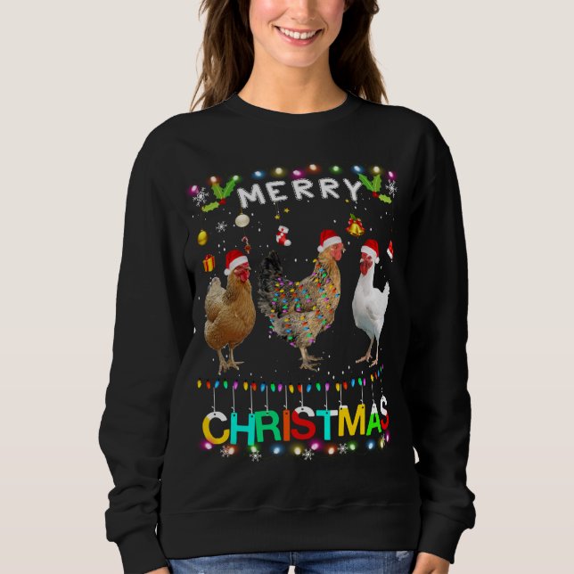 Merry Christmas Chicken Santa Hat Lights Xmas Funn Sweatshirt (Front)