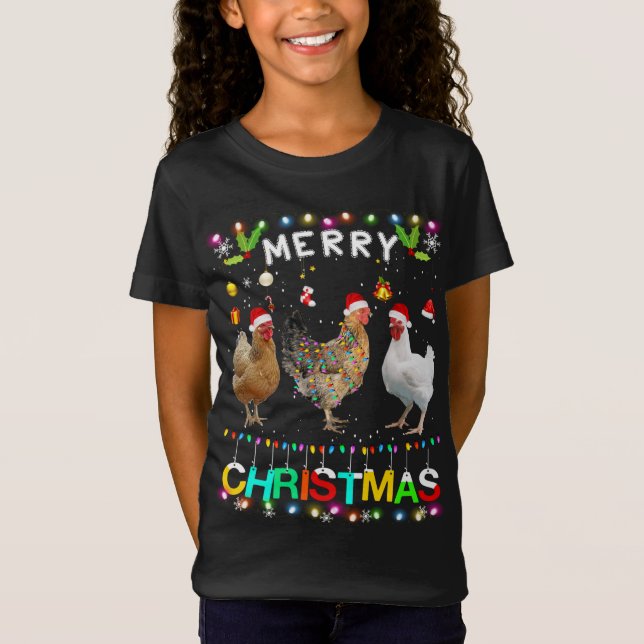 Merry Christmas Chicken Santa Hat Lights Xmas Funn T-Shirt (Front)