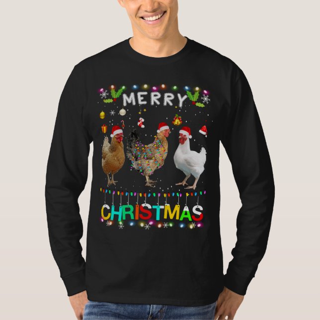 Merry Christmas Chicken Santa Hat Lights Xmas Funn T-Shirt (Front)