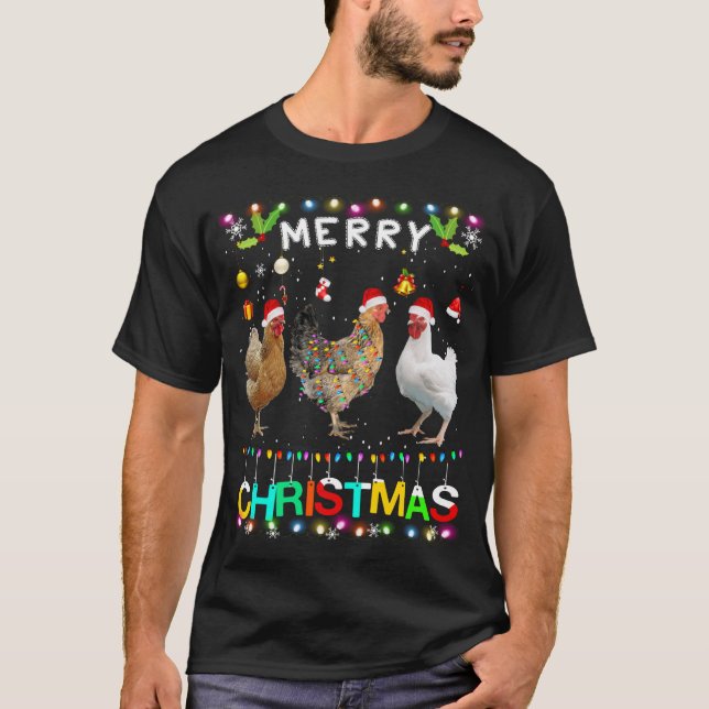 Merry Christmas Chicken Santa Hat Lights Xmas Funn T-Shirt (Front)