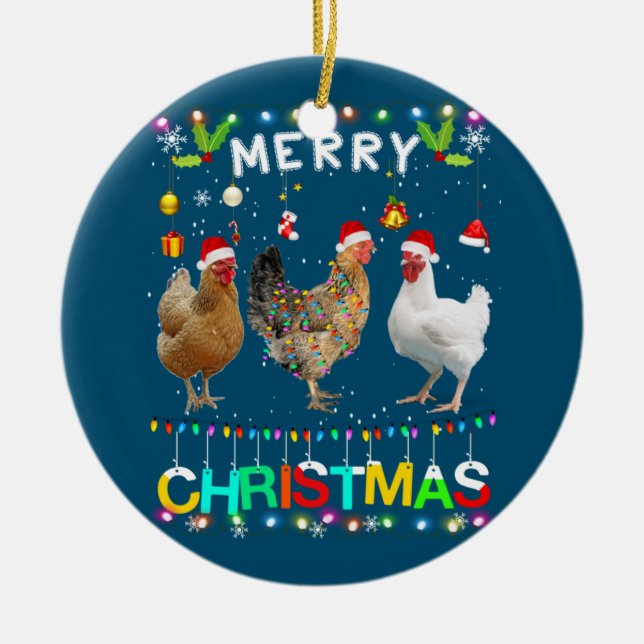 Merry Christmas Chicken Shirt Santa Hat Lights Xma Ceramic Tree Decoration (Front)