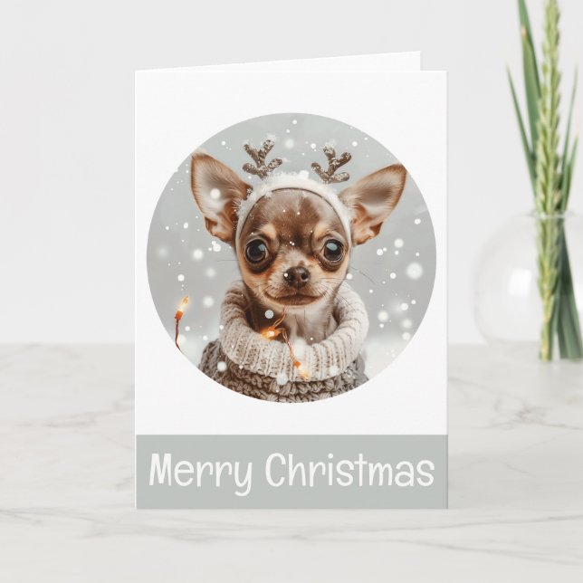 Merry Christmas Chihuahua Reindeer Dog Holiday Card (Front)