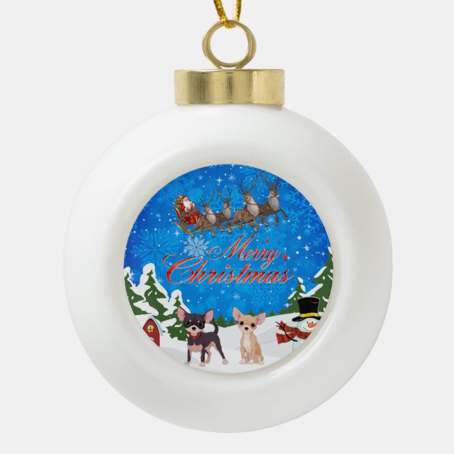Merry Christmas Chihuahua With Santa Ceramic Ball Christmas Ornament (Front)