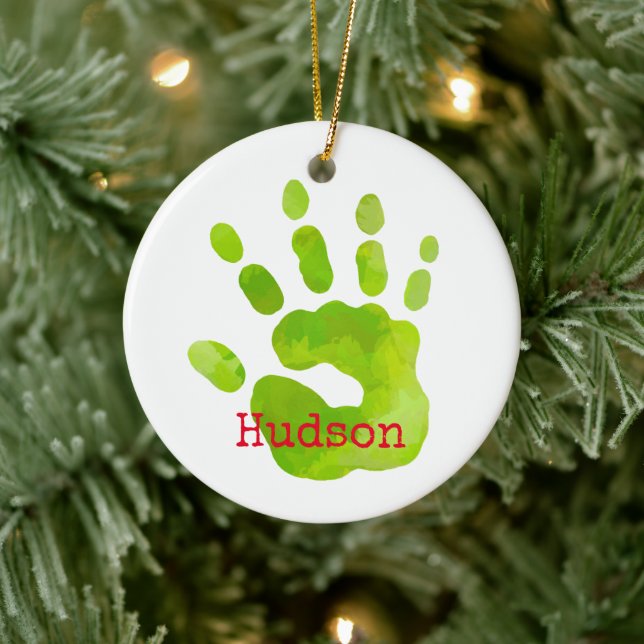 Merry Christmas Child Handprint Green NAME Red Fun Ceramic Tree Decoration (Tree)