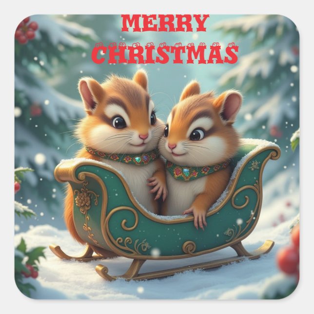 Merry christmas chipmunks square sticker (Front)