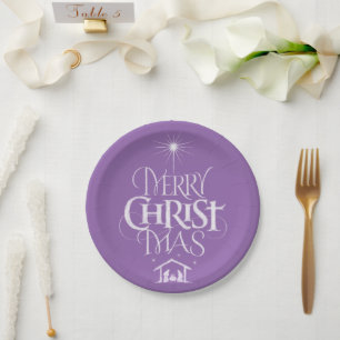 Merry Christmas Christian Calligraphy Chalk Purple Paper Plate