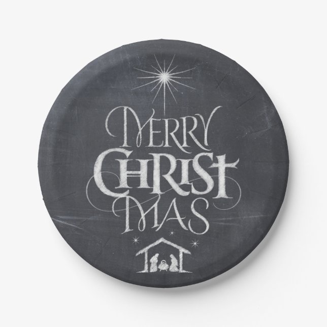 Merry Christmas Christian Calligraphy Chalkboard Paper Plate (Front)