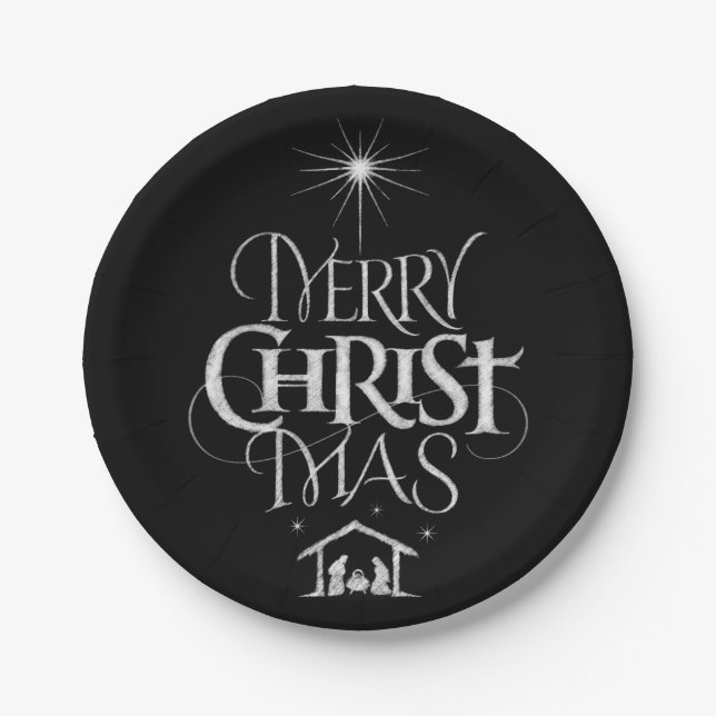 Merry Christmas Christian Calligraphy Chalkboard Paper Plate (Front)