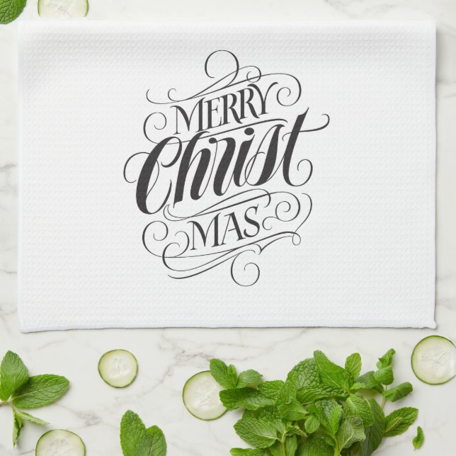 Merry CHRISTmas Christian Calligraphy Lettering Tea Towel (Folded)