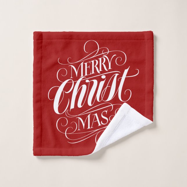 Merry CHRISTmas Christian Calligraphy Script Red Bath Towel Set (Wash Cloth)