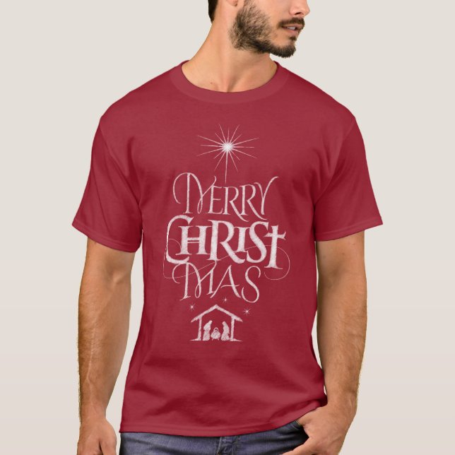 Merry CHRISTmas Christian Chalkboard Calligraphy T-Shirt (Front)