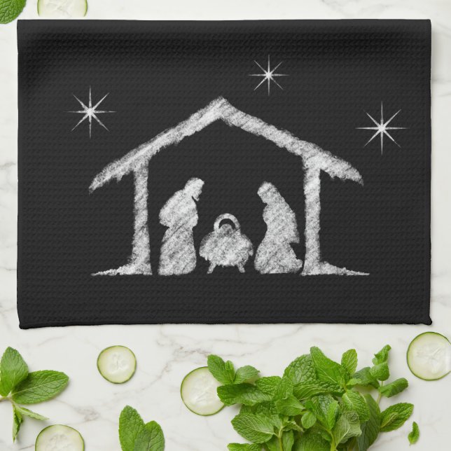 Merry CHRISTmas Christian Chalkboard Nativity Tea Towel (Folded)