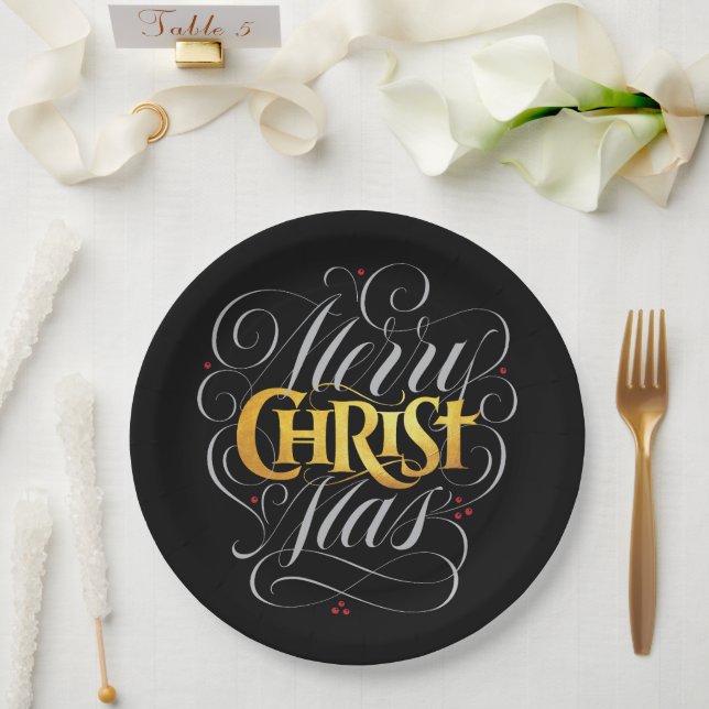 Merry CHRISTmas Christian Gold Script Christ Jesus Paper Plate (Wedding)