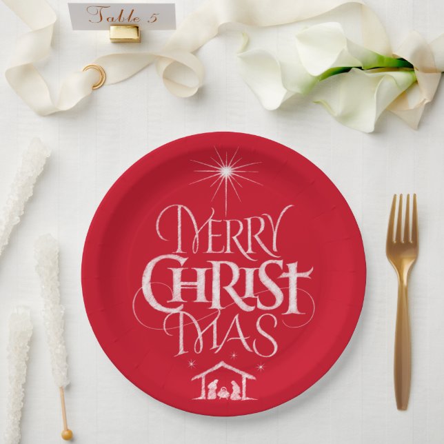 Merry Christmas Christian Jesus Christ God Red Paper Plate (Wedding)
