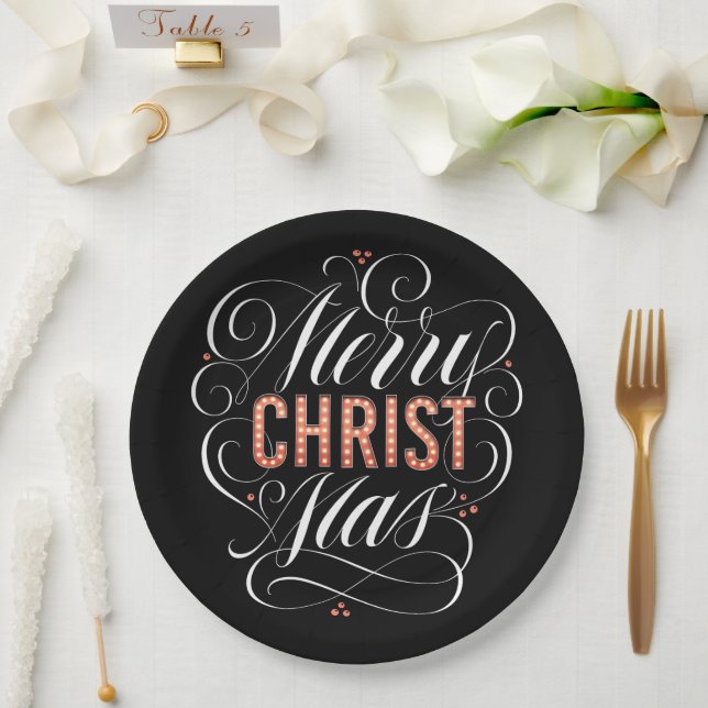 Merry CHRISTmas Christian Red Marquee Calligraphy Paper Plate (Wedding)