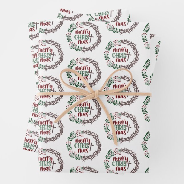 Merry CHRISTmas Christian Religious Wreath Wrapping Paper Sheet (In situ)