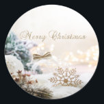 Merry Christmas,Christmas Balls,Gold Snowflakes Classic Round Sticker<br><div class="desc">Merry Christmas,  Christmas balls,  and gold snowflakes make this a perfect Christmas or holiday sticker for friends and family.</div>