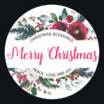Merry Christmas Christmas Blessings Red Floral Classic Round Sticker<br><div class="desc">Modern Christmas wreath design splits the wreath in half. Merry Christmas is written in red across it. Christmas Blessings is written above and peace love and joy below. The text can be changed to include your own blessings.</div>
