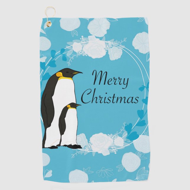 merry christmas, christmas,penguin,flowers,blue, golf towel (Front)