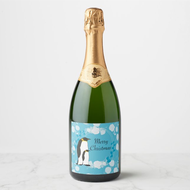 merry christmas, christmas,penguin,flowers,blue, sparkling wine label (Front)