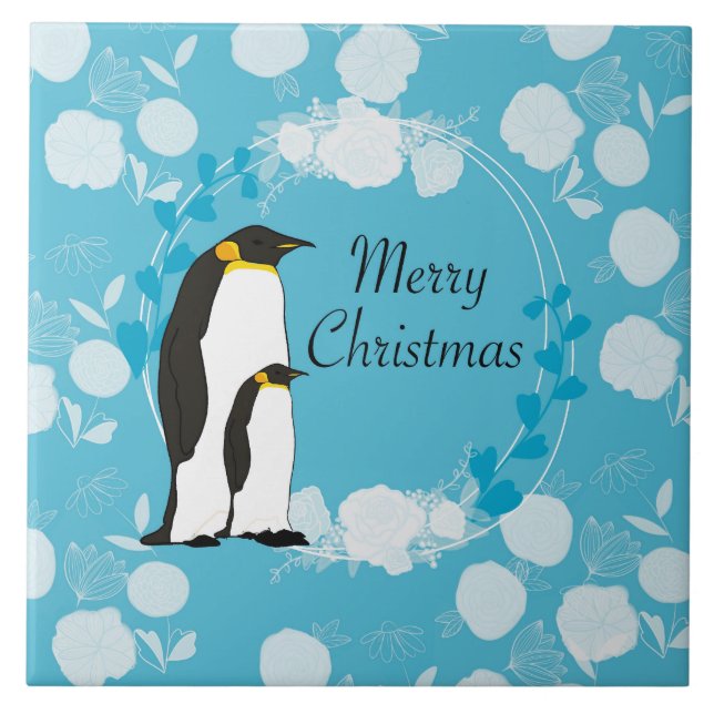 merry christmas, christmas,penguin,flowers,blue, tile (Front)