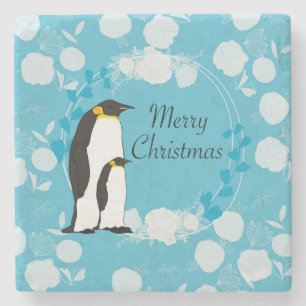 merry christmas, christmas,penguin,flowers stone coaster
