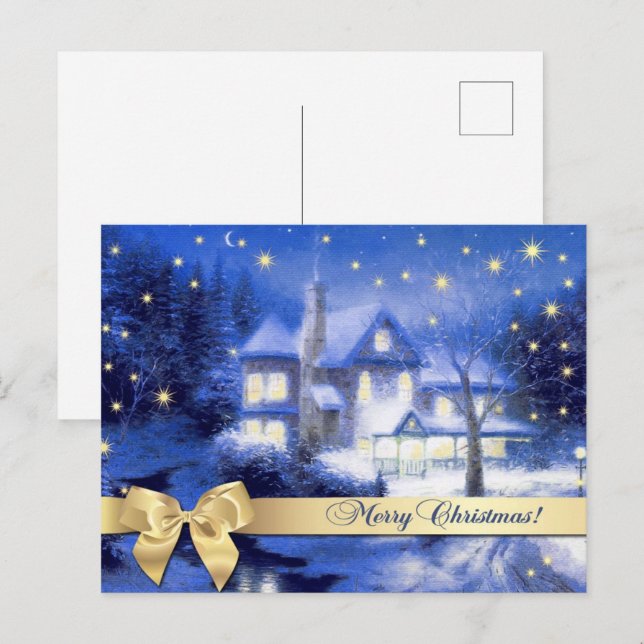 Merry Christmas. Christmas Snowy Village Painting Postcard (Front/Back)