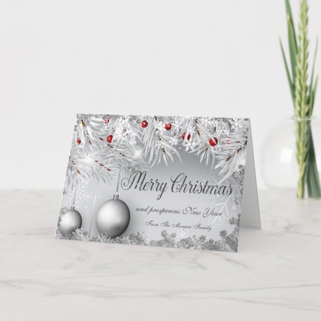 Merry Christmas,Christmas Tree, Balls, Snowflakes Holiday Card (Front)