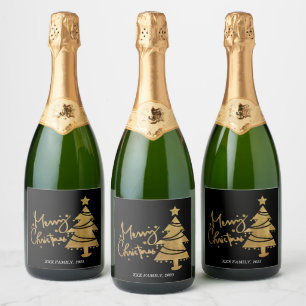 Merry christmas, christmas tree sparkling wine label