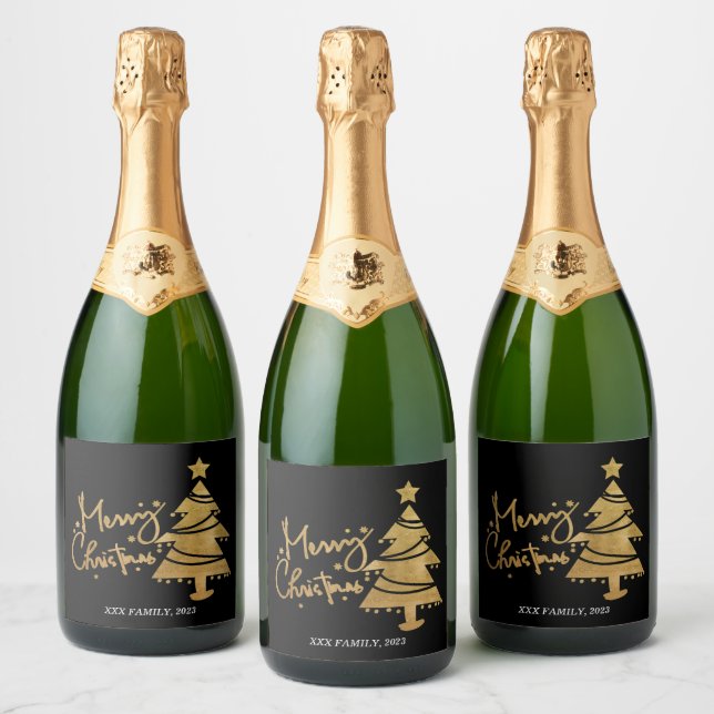 Merry christmas, christmas tree sparkling wine label (Bottles)