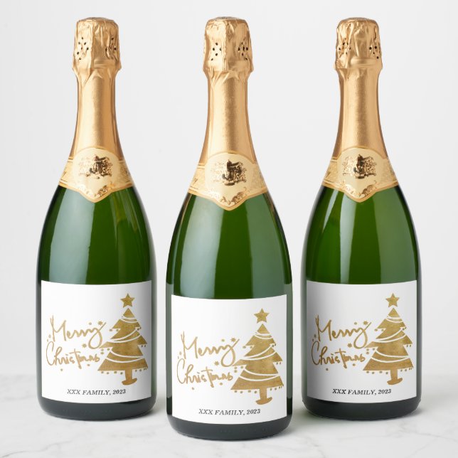 Merry christmas, christmas tree sparkling wine label (Bottles)