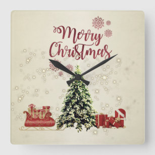 Merry Christmas,Christmas Trees ,Presents,Sleigh  Square Wall Clock