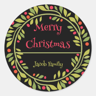 Merry Christmas - Christmas Wreath Family Name  Classic Round Sticker