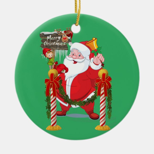 Merry Christmas Circle Ornament, Santa Elf Ceramic Tree Decoration (Front)